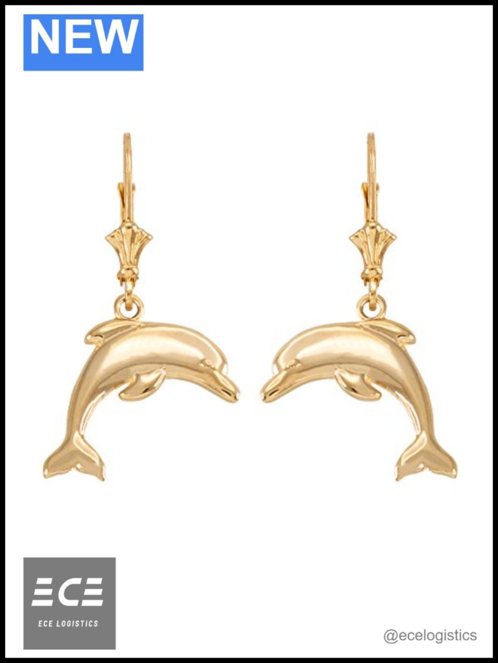 14K Gold Jumping Dolphin Dangle Earrings High Polish Lever Back Drop